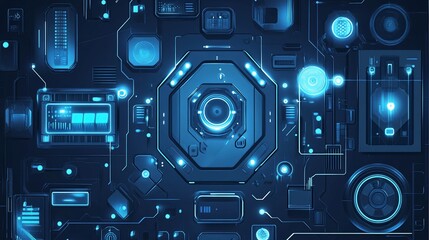 Intricate glowing blue electronic interface background of circuits and displays