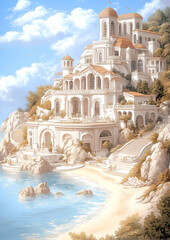 Naklejka premium Beautiful white building with a blue ocean in the background. The building is surrounded by rocks and has a large balcony