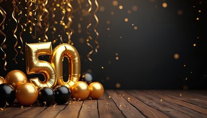 AI generated background for 50 years anniversary. Golden metallic numbers, balloons on black background with wooden floor. Party invitation, menu template. Festive congratulation card design.