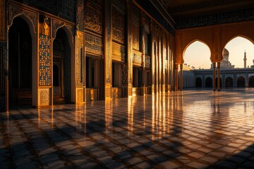 Obraz premium Islamic architecture at sunset, courtyard. Mosque and ferris wheel in the background