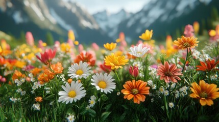 Colorful wildflowers meadow mountain backdrop