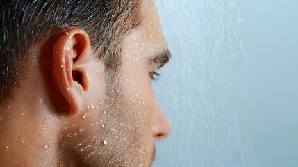 Fototapeta premium Close-up of a man's profile with water droplets on his face, creating a refreshing and intimate atmosphere.
