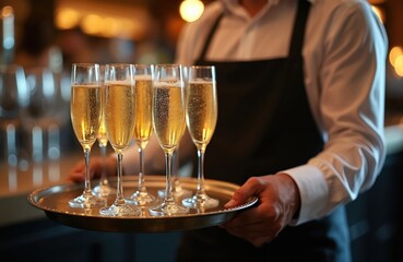 Bartender hand carries tray laden with sparkling champagne flutes filled with golden bubbly liquid, suggesting elegant evening. Sophisticated service, hospitality industry at event. Dark warm blurred