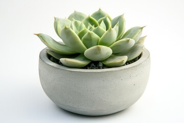 A close-up of a succulent in a concrete pot, the minimalistic design complementing the soft, clean look of the white background for a contemporary feel.