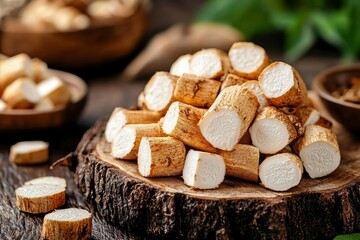 Cut cassava pile on wooden board, rustic background. For cooking or food blogs