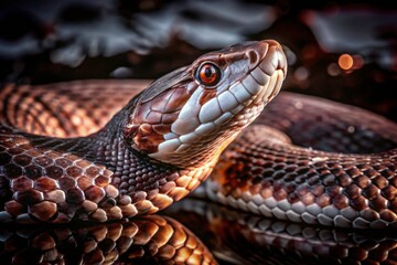 Obraz premium Florida cottonmouth's gleaming eyes pierce the Everglades night; a reptile portrait.