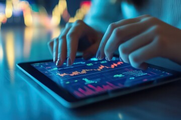 Fototapeta premium A close-up of a womanâ€™s hands using a tablet for trading, with digital charts, financial data, and the stock market interface visible on the screen.