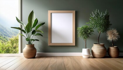 3D Render Close Up of Mockup Frame with Plant in Vase, Adding a Touch of Nature to Home Interior Background, Showcasing Modern and Minimalist Design, Radiating a Calm and Serene Aura.
