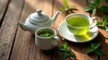 Invigorating Herbal Tea Ritual A Refreshing Moment of Tranquility with Aromatic Mint and Gently Brewed Green Tea Served in Elegant Porcelain Teaware on a Rustic Wooden Surface
