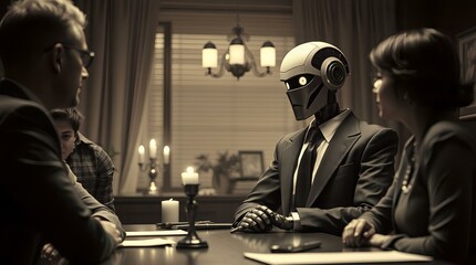 A humanoid robot in a suit sits at a table with two humans during a serious meeting, the scene is lit by candles creating a somber mood