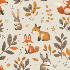 Seamless pattern with foxes, rabbits, and autumn leaves