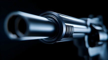 Close-up view of a gun barrel, conveying themes of violence, security, and safety in society, capturing the intricacies of firearm design.