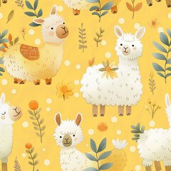 Fototapeta premium Seamless pattern with adorable llamas and floral elements