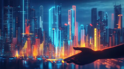 graphs rising above, symbolizing rapid business growth and innovation. A handshake in the foreground represents strong communication.