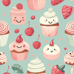 Seamless pattern with cute cupcakes, cherries, and strawberries
