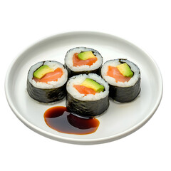 Delicious sushi rolls with salmon and avocado served on a plate with soy sauce