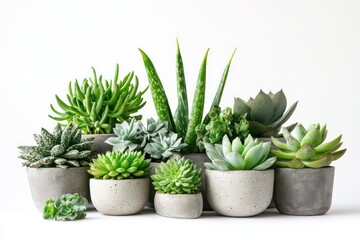 A collection of green succulents in cement pots, displayed on a white background, emphasizing nature, sustainable gifts, and environmental care.