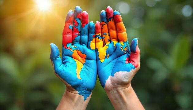 World NGO Day backdrop. Hands painted with Earth map. Symbolizes global unity, support. Encourages volunteering, collaboration for peace, social change, human rights, eco protection.