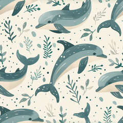Naklejka premium Seamless pattern with playful dolphins and ocean plants in soft colors