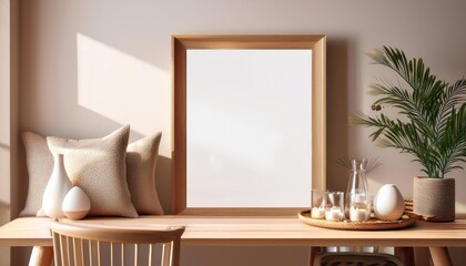 Realistic 3D Rendering of a Cozy Dining Room Interior with Elegant Mock Frame Backdrop, Exuding Warmth and Inviting Atmosphere, Perfect for Digital Art, Home Decor, or Design Inspiration