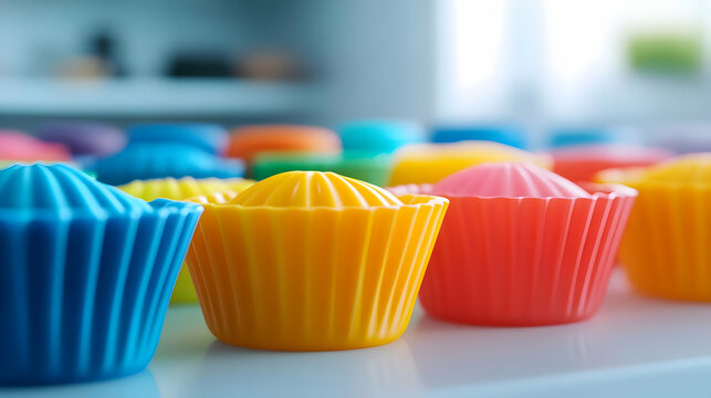 Colorful silicone cupcake molds arranged neatly, perfect for baking enthusiasts and vibrant kitchen aesthetics.