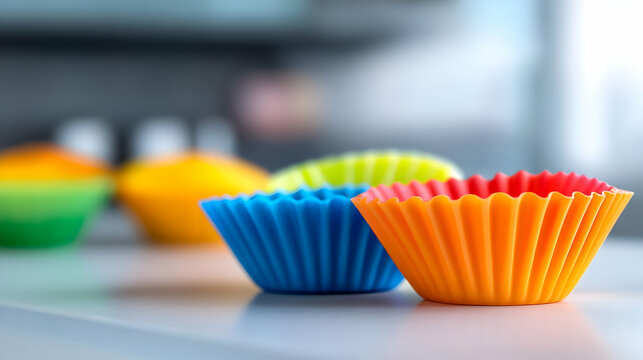 Colorful silicone cupcake liners are arranged on a kitchen counter, ideal for baking enthusiasts and creative cooking.