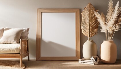 Cozy Home Interior with 3D Mockup Frame in a Warm Rendered Background, Embracing a Contemporary and Inviting Atmosphere