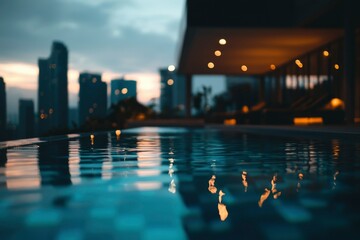Fototapeta premium Poolside sunset urban retreat; building in the background. Real estate, travel ads
