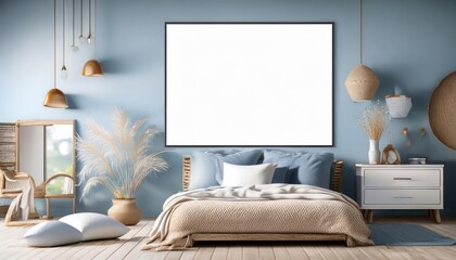 Coastalstyle bedroom mock up frame in a cozy home interior, evoking tranquil serenity with coastal charm, featuring soft pastels and natural textures that transport viewers to a seaside retreat.