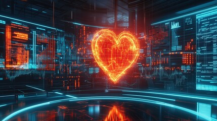 Obraz premium economy on edge, visualized through a fluctuating holographic heartbeat display towering over a distressed trading floor.