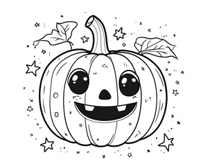 Cute Halloween pumpkin coloring page; stars, leaves background; kids activity