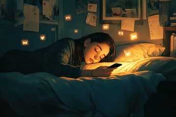 A cozy bedroom setting where a woman sleeps, while unread messages and notifications glow on her phone screen.