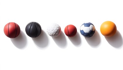 Diverse collection of sports balls arranged linearly on white background