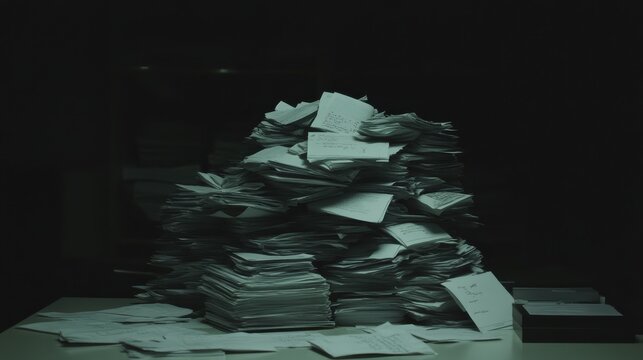 A pile of unfinished paperwork on a dimly lit desk,