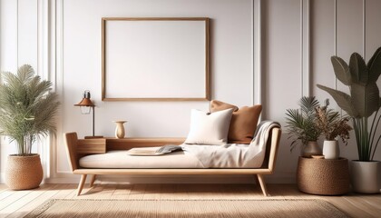 3D Render Serene White Home Interior with Natural Wood Furniture and Minimalist Aesthetic in a Spacious Living Room Perfect for Digital Art, Modern Decor, or Inspiring Minimalist Design