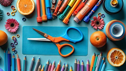 Colorful stationery and craft supplies arranged on a blue background with fruits and flowers