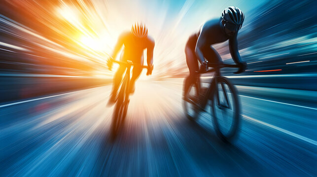 Dynamic action shot of cyclists racing against a vibrant sunset, capturing speed and competition in a blurred motion effect.
