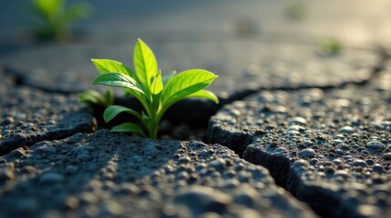 A resilient seedling pushes through fractured pavement, symbolizing perseverance and the power of life to overcome adversity.