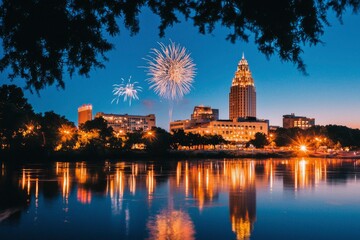 Fototapeta premium Fireworks over city skyline reflected in water at night for holiday celebrations
