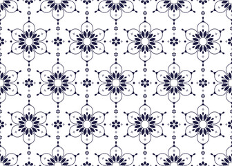 dark blue symbol floral on White background, ethnic fabric seamless pattern, design for cloth, carpet, batik, wallpaper, wrapping etc.