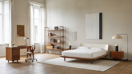 Fototapeta premium Modern Bedroom with Neutral Color Palette and Artwork