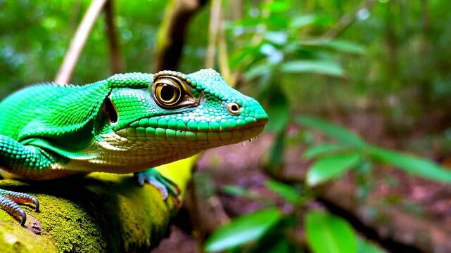 Green basilisk lizard resting quietly on moss covered branch, emerald scales shimmering beneath filtered rainforest light