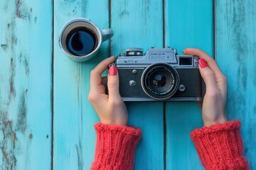 A creative travel-themed composition with a retro camera in one hand and a cup of coffee in the other.