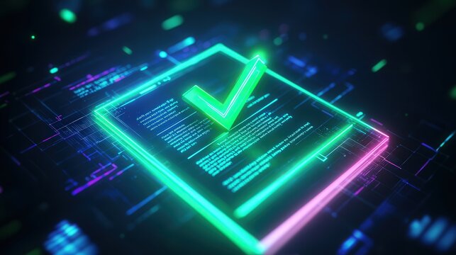 digital document icon, highlighting a successful audit, with soft neon light accents to give a clean, professional feel