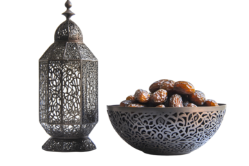 Ornate Lantern and Dates in Intricate Bowl: A Festive Still Life