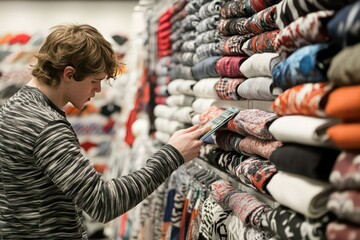 Fototapeta premium A customer flipping through a row of neatly arranged shirts in a trendy fashion store.