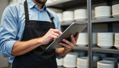 Waiter checks restaurant stock taking inventory using tablet app. Employee in apron uses digital device near shelves with plates. Online order system for eatery.