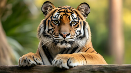 Obraz premium Majestic tiger resting with a calm demeanor, showcasing its striking stripes and powerful presence in a natural setting.