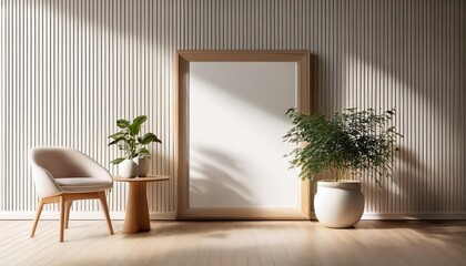 Minimalist Light Home Interior 3D Rendered Bright Room with Pristine Geometric Frame in a Spacious Modern Background, Depicting Simplicity and Elegance