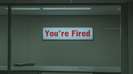A close-up of a "You're Fired" sign placed on an empty desk,